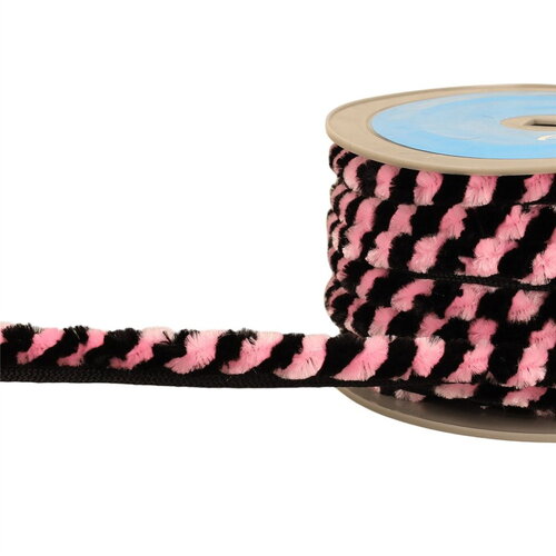 Bobine 20m galon pompons chenille 17mm noir/rose