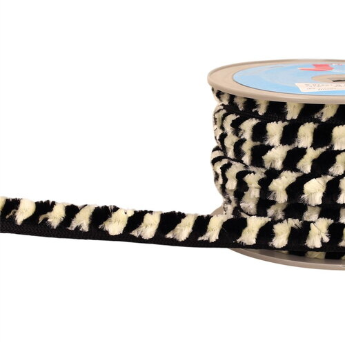 Bobine 20m galon pompons chenille 17mm écru/noir