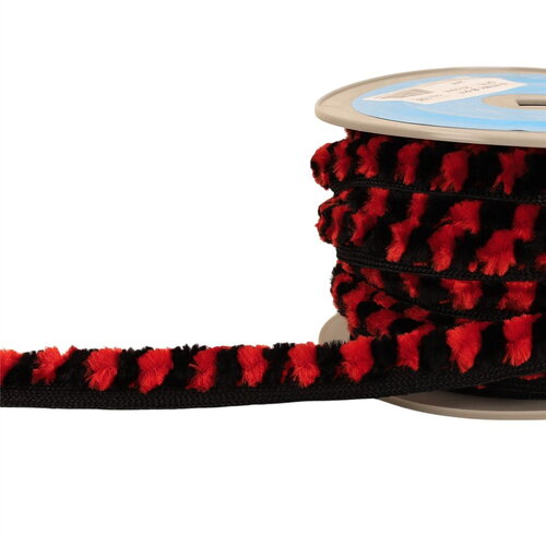 Bobine 20m galon pompons chenille 17mm rouge noir