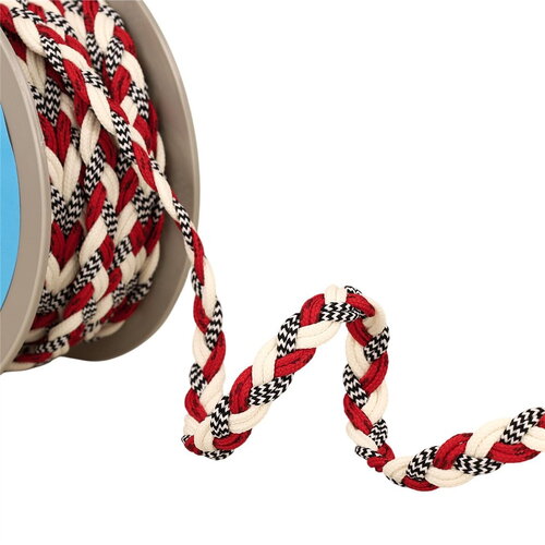 Bobine 15m tresse 6 cordons 12mm écru rouge
