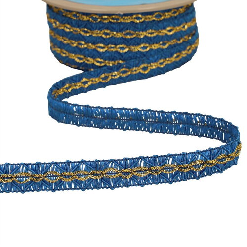 Bobine 25m galon losanges avec surpiqûres or 18mm bleu roi