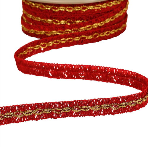 Bobine 25m galon losanges avec surpiqûres or 18mm rouge