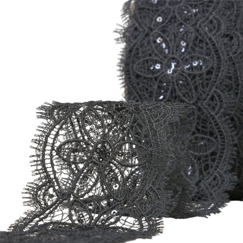 Bobine 13,7m guipure paillettes 60mm noir