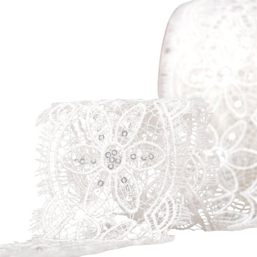 Bobine 13,7m guipure paillettes 60mm blanc