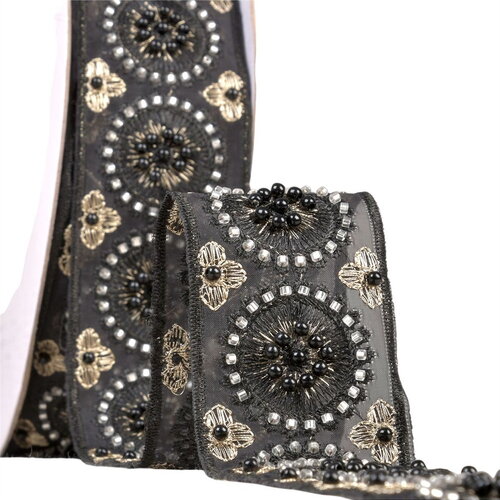 Bobine 10m galon brodé perles et paillettes 50mm noir