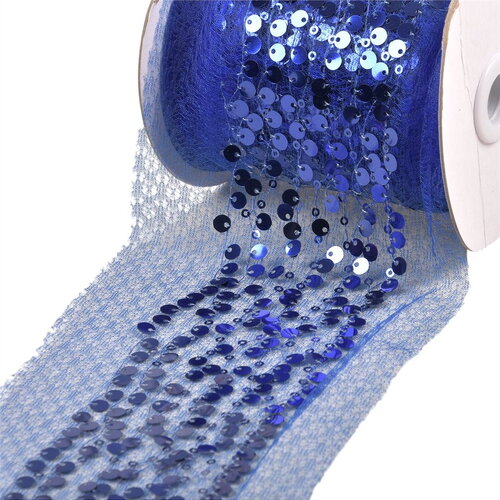 Bobine 10m galon brodé paillettes 95mm bleu roi