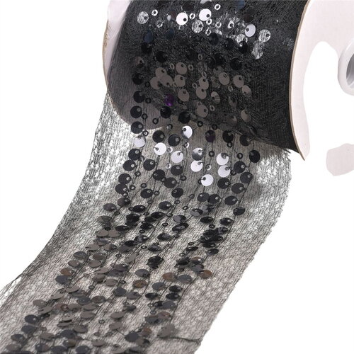 Bobine 10m galon brodé paillettes 95mm noir
