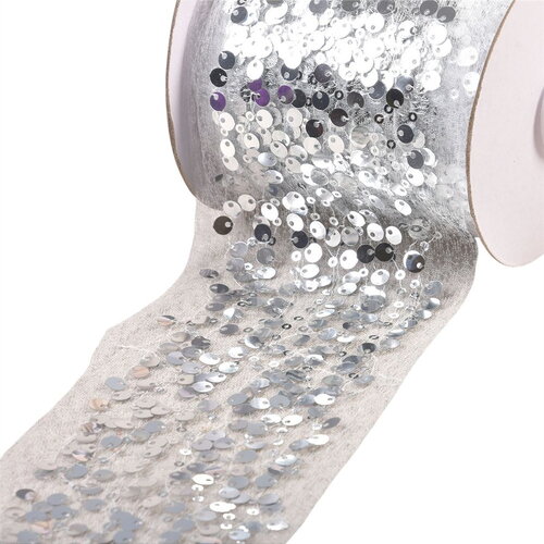 Bobine 10m galon brodé paillettes 95mm blanc/argent