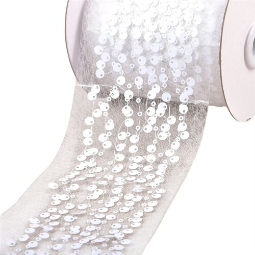 Bobine 10m galon brodé paillettes 95mm blanc