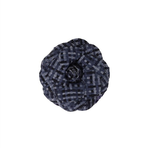 Broche fleur carreaux 7,5cm navy