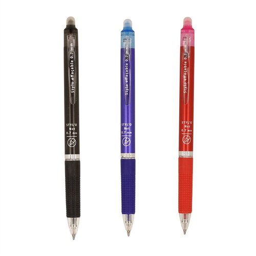 Blister 3 stylos 0.7mm noir, bleu et rouge effaçables à la chaleur