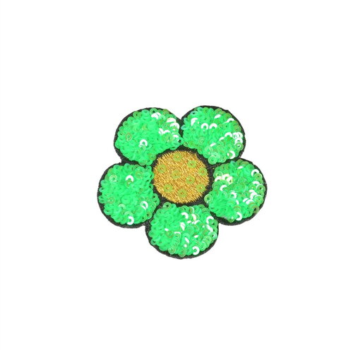 Ecusson thermocollant fleur sequins vert gazon 6x5,5cm
