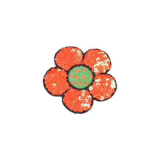 Ecusson thermocollant fleur sequins orange 6x5,5cm