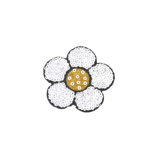 Ecusson thermocollant fleur sequins blanc 6x5,5cm