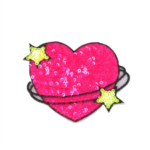 Ecusson thermocollant coeur étoile fuchsia 8,5x7cm