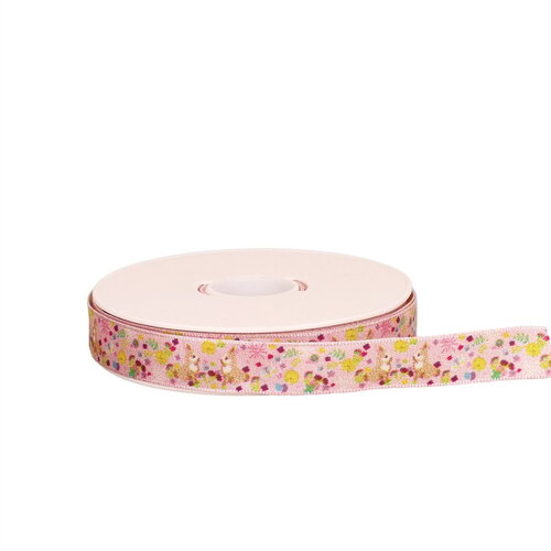 Bobine 20m ruban laitonné lapins rose