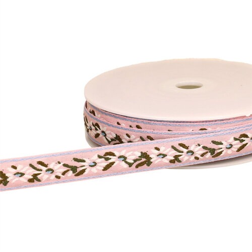 Galon jacquard fleur edelweiss 20mm rose au mètre