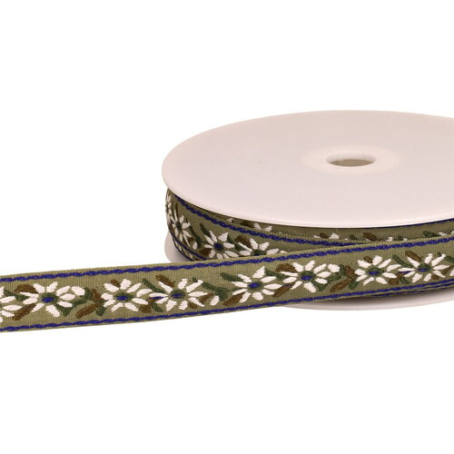 Galon jacquard fleur edelweiss 20mm vert au mètre