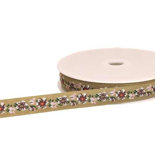Galon jacquard fleurs 20mm beige au mètre