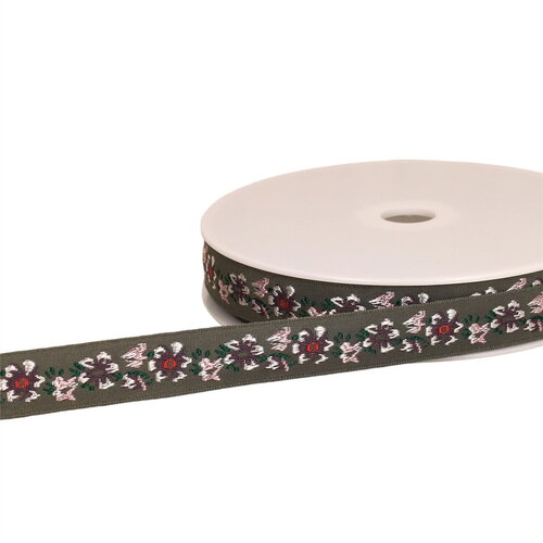 Galon jacquard fleurs 20mm gris au mètre