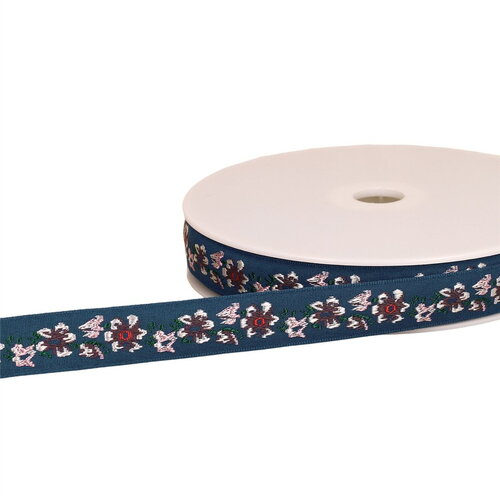 Galon jacquard fleurs 20mm bleu au mètre