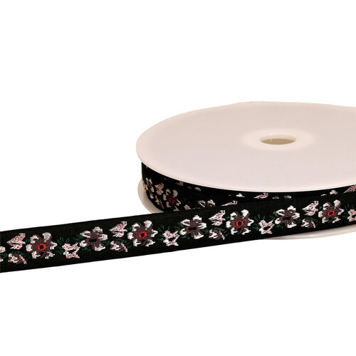 Galon jacquard fleurs 20mm noir au mètre