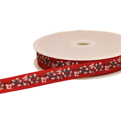Galon jacquard fleurs 20mm rouge au mètre