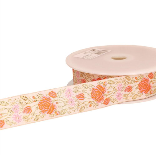 Galon jacquard roses 33mm rose au mètre