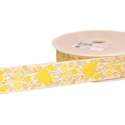 Galon jacquard roses 33mm jaune au mètre