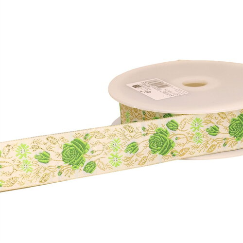 Galon jacquard roses 33mm vert au mètre
