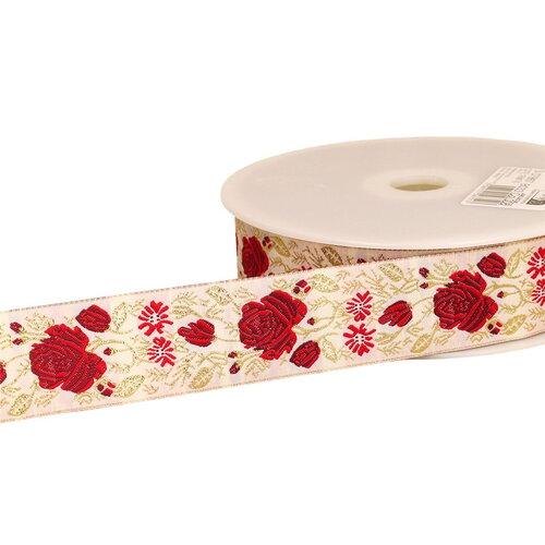Galon jacquard roses 33mm rouge au mètre