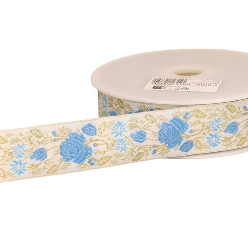 Galon jacquard roses 33mm bleu au mètre