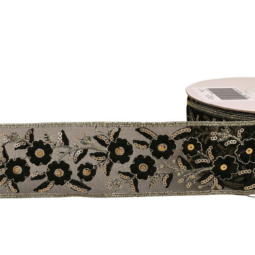 Bobine 10m galon brodé paillettes 58mm noir