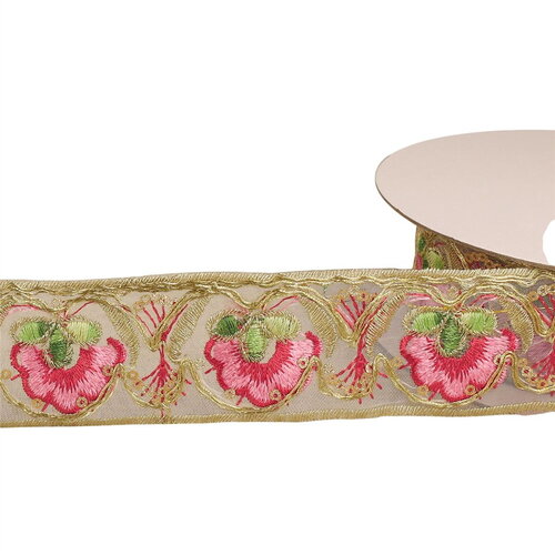 Bobine 10m galon brodé ethnique 40mm rose framboise