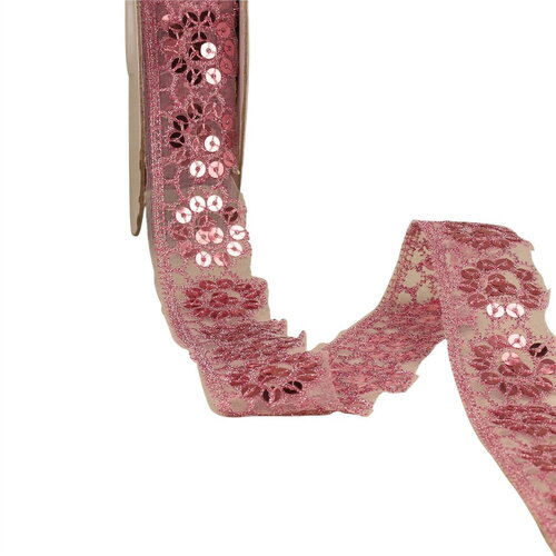 Bobine 10m dentelle pailletée 30mm vieux rose