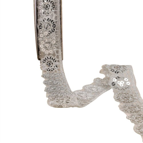 Bobine 10m dentelle pailletée 30mm argent