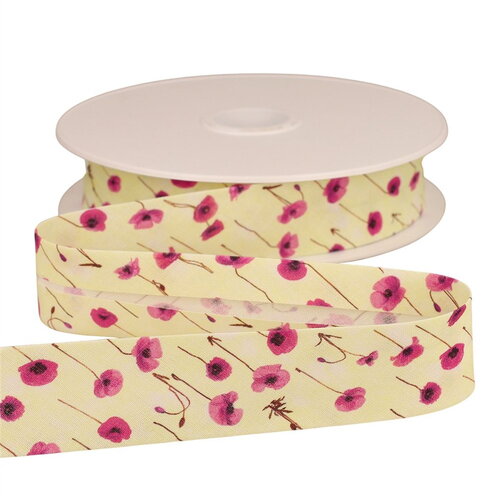 Bobine 25m biais coquelicots 25mm jaune paille