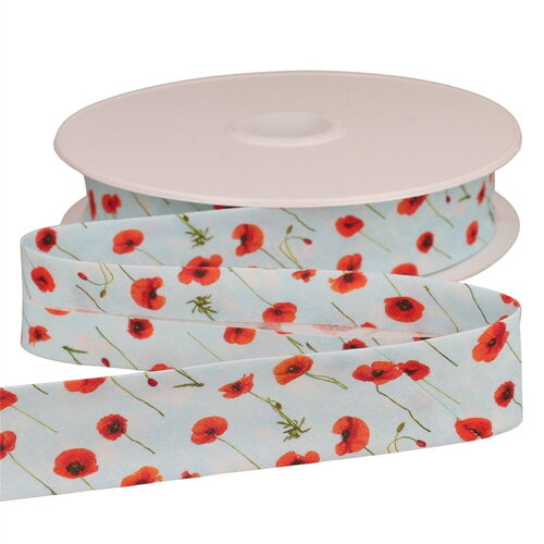 Bobine 25m biais coquelicots 25mm bleu d'eau