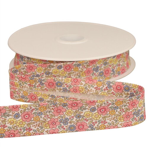 Bobine 25m biais fleurettes 25mm rose clair