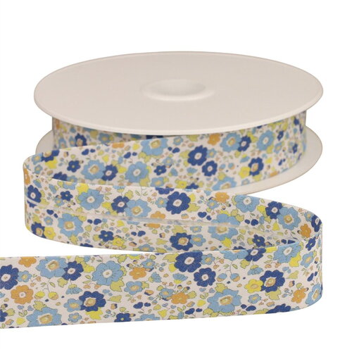 Bobine 25m biais fleurettes 25mm bleu lavande