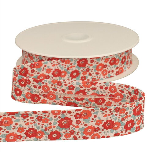 Bobine 25m biais fleurettes 25mm rouge