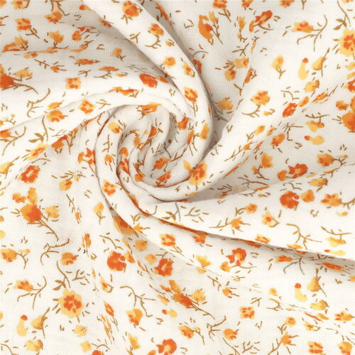 Tissu double gaze imprimée fleurs 130gsm fleur orange au mètre