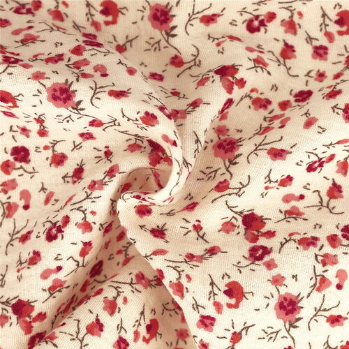 Tissu double gaze imprimée fleurs 130gsm fleur rouge au mètre