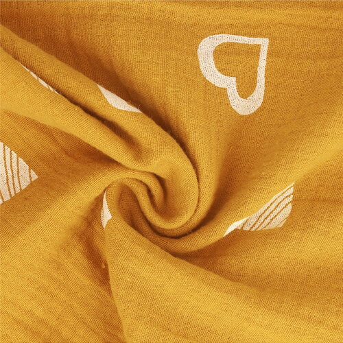 Tissu double gaze imprimée coeurs 130gsm jaune moutarde au mètre