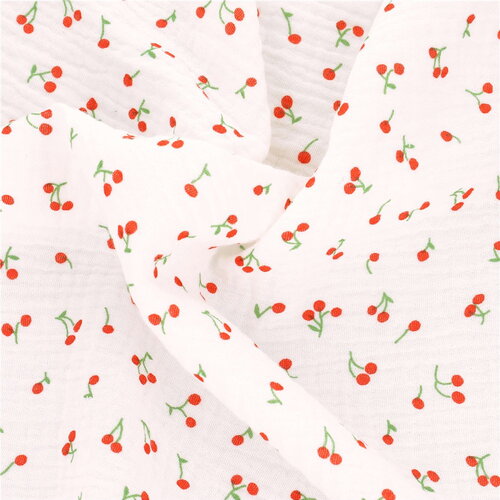 Tissu double gaze imprimée petites cerises au mètre