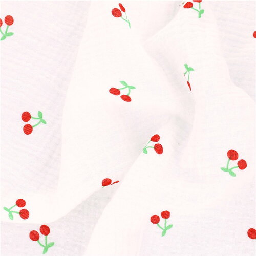 Tissu double gaze imprimée cerise fond blanc au mètre