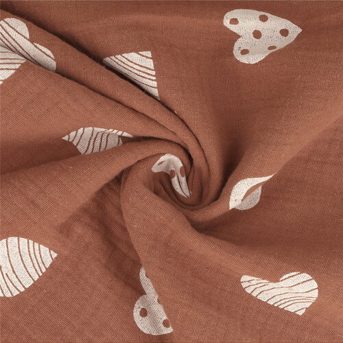 Tissu double gaze imprimée coeurs 130gsm rouille au mètre