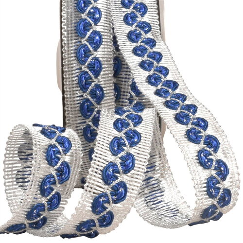 Bobine 15m galon vagues sur tresse métal 25mm bleu marine