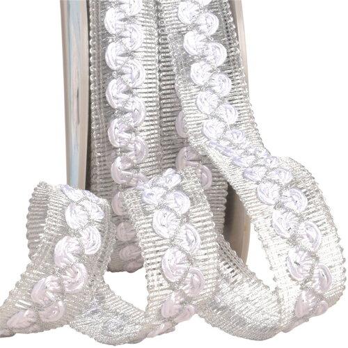 Bobine 15m galon vagues sur tresse métal 25mm blanc