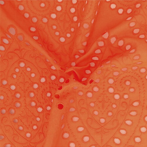 Broderie anglaise 100% coton grandes arabesques orange au mètre
